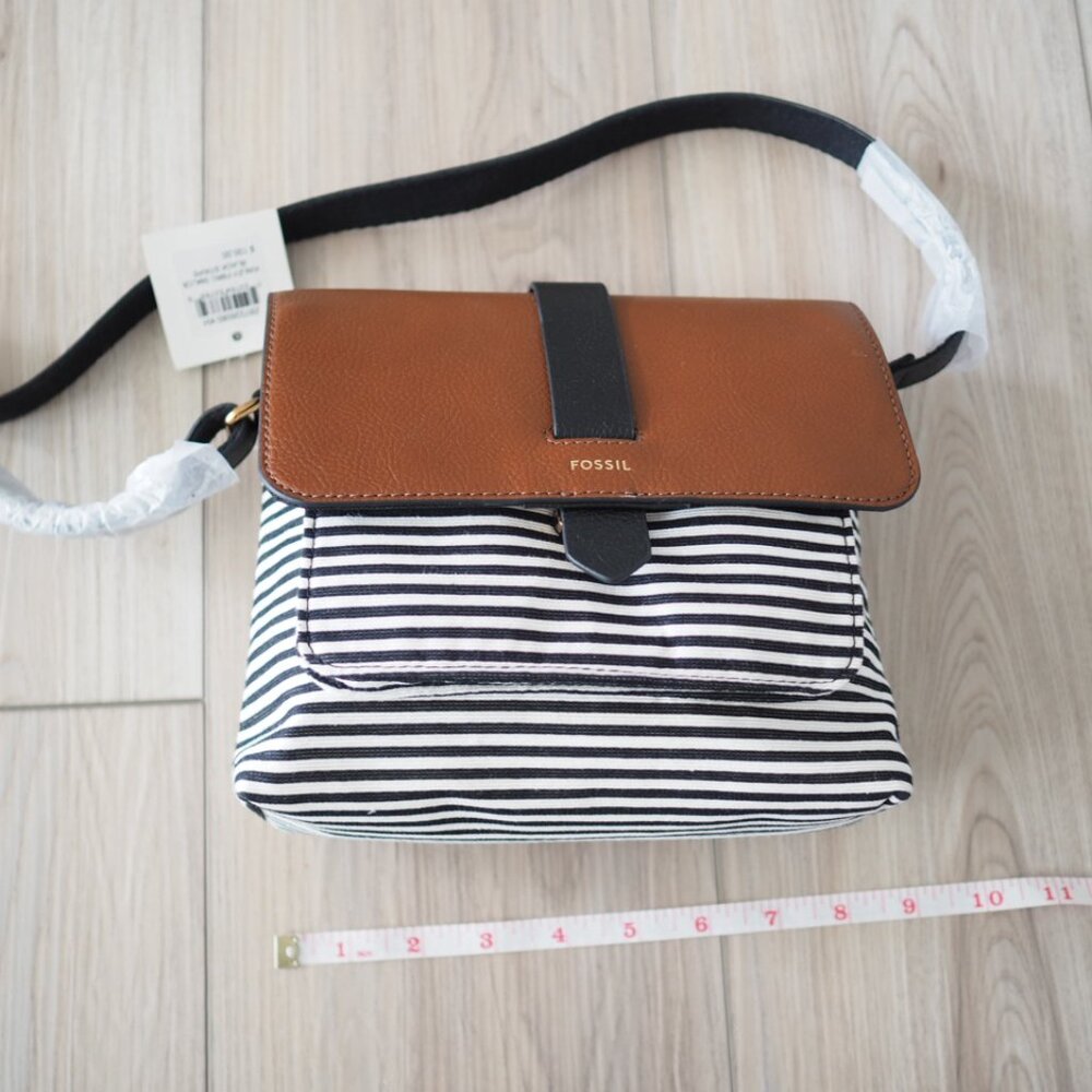 NWT FOSSIL Kinley Front Flap Pocket Crossbody Black White Striped Tan Leather - Picture 10 of 13